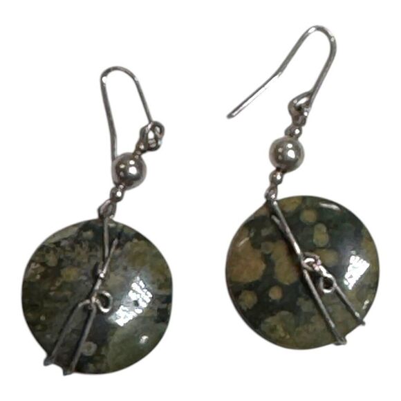 Natural Green Jasper Dangle Earrings Sterling Silver Wire Wrap & Hooks Vintage - Picture 4 of 5